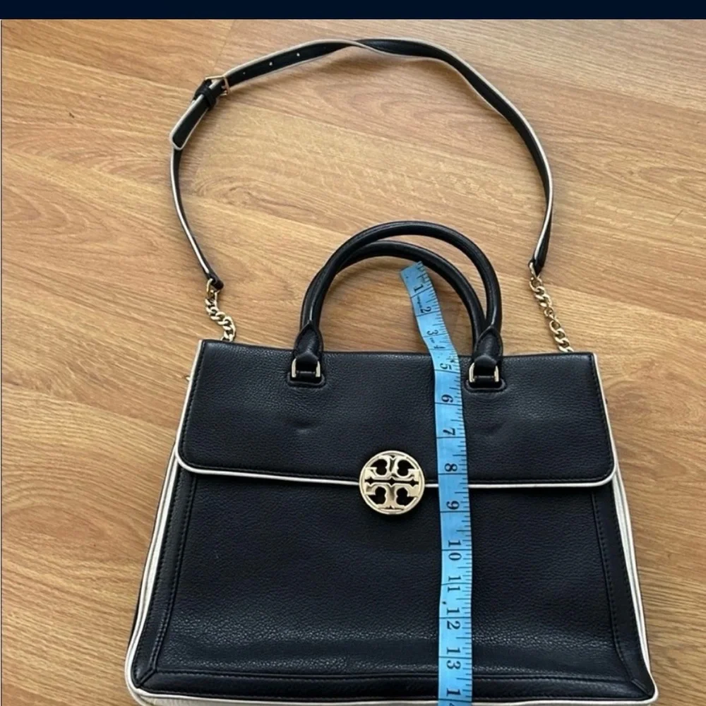 Tory Burch Black Leather Satchel with Gold Emblem